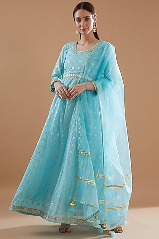 firozi chanderi embroidered anarkali set