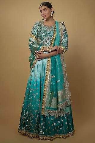 firozi ombre raw silk embellished & printed lehenga set