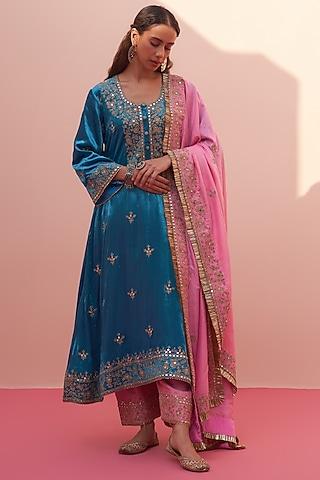 firozi velvet embroidered choga set