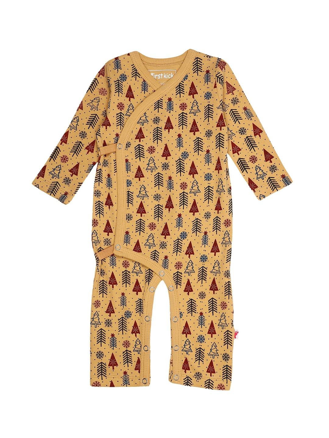 first kick infant kids mustard yellow & red printed organic cotton rompers