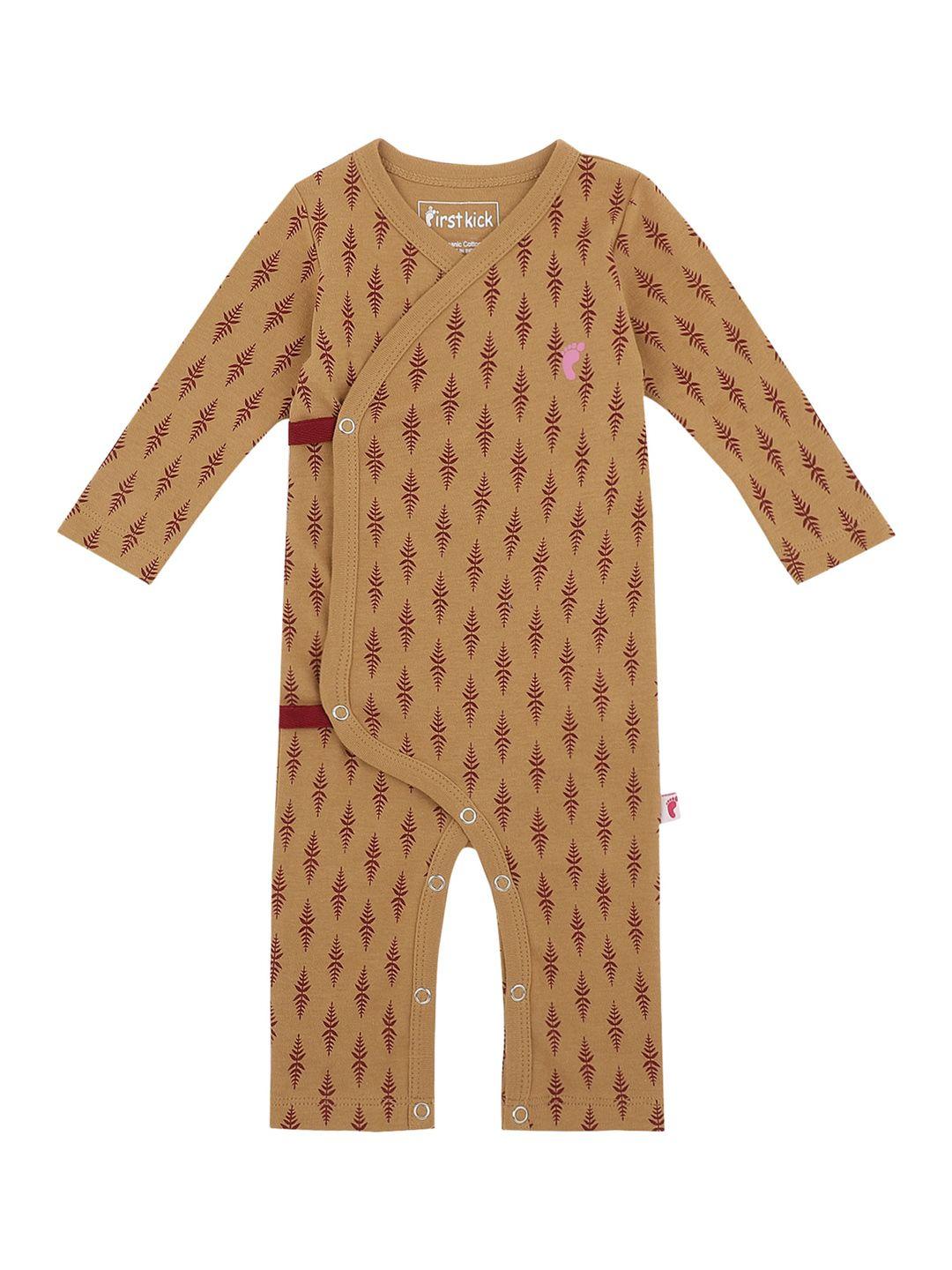first kick infant kids mustard-yellow & brown printed cotton kimono rompers