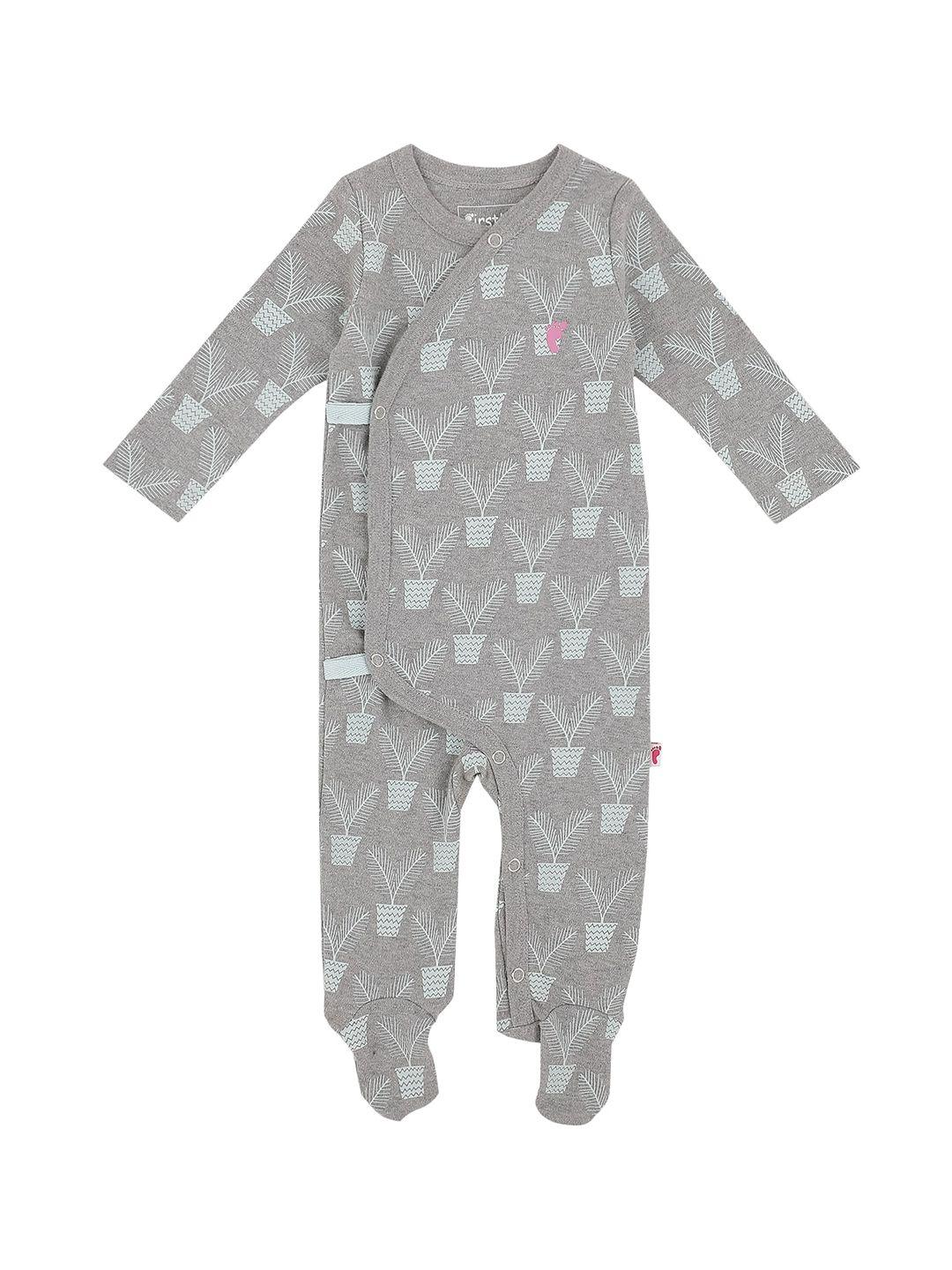 first kick infants unisex grey & blue printed long sleeves cotton rompers