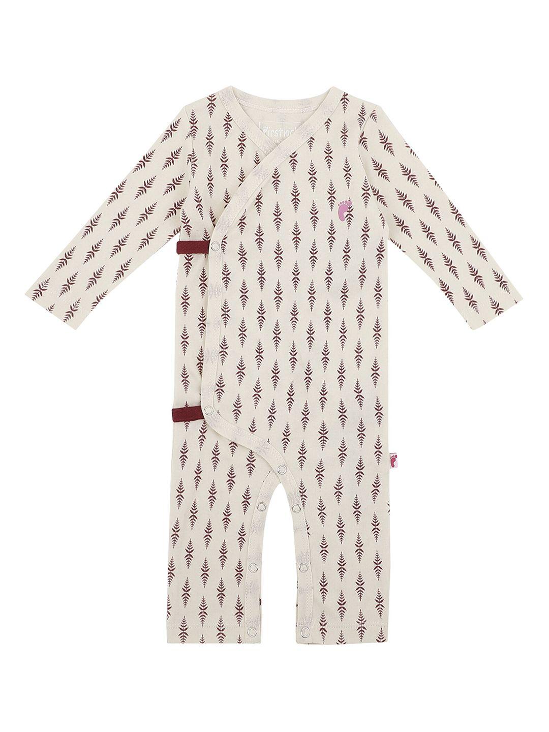first kick kids off white & maroon printed cotton rompers