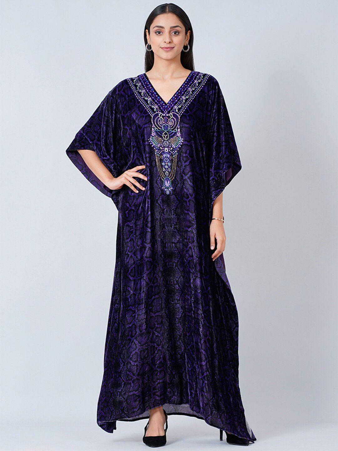 first resort by ramola bachchan animal printed embellished velvet kaftan midi dress