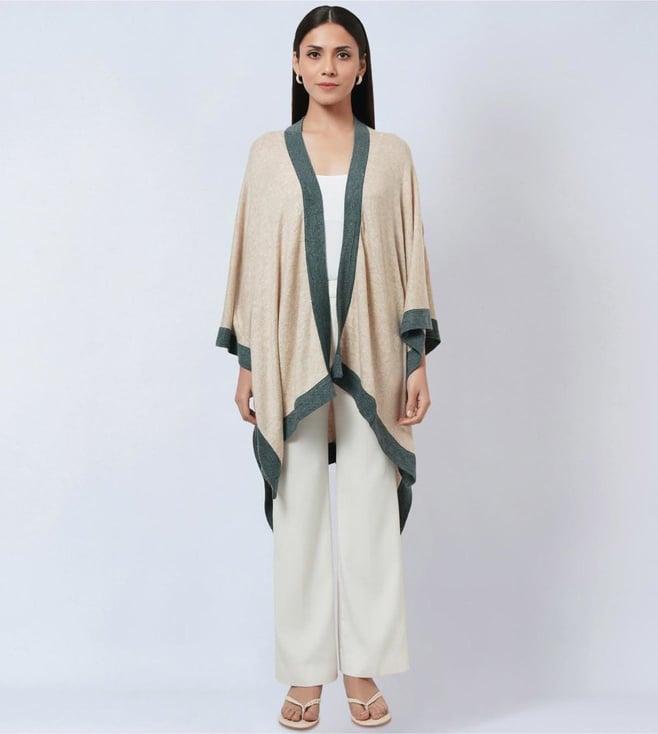 first resort by ramola bachchan beige & grey long knitted cashmere cape