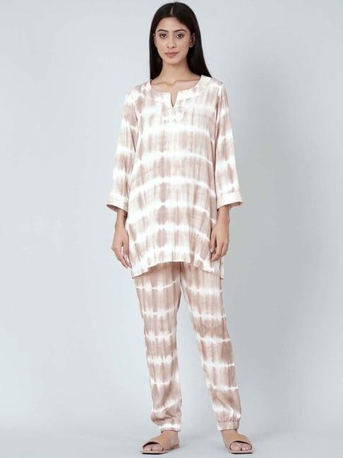 first resort by ramola bachchan beige and white tie-dye lounge set