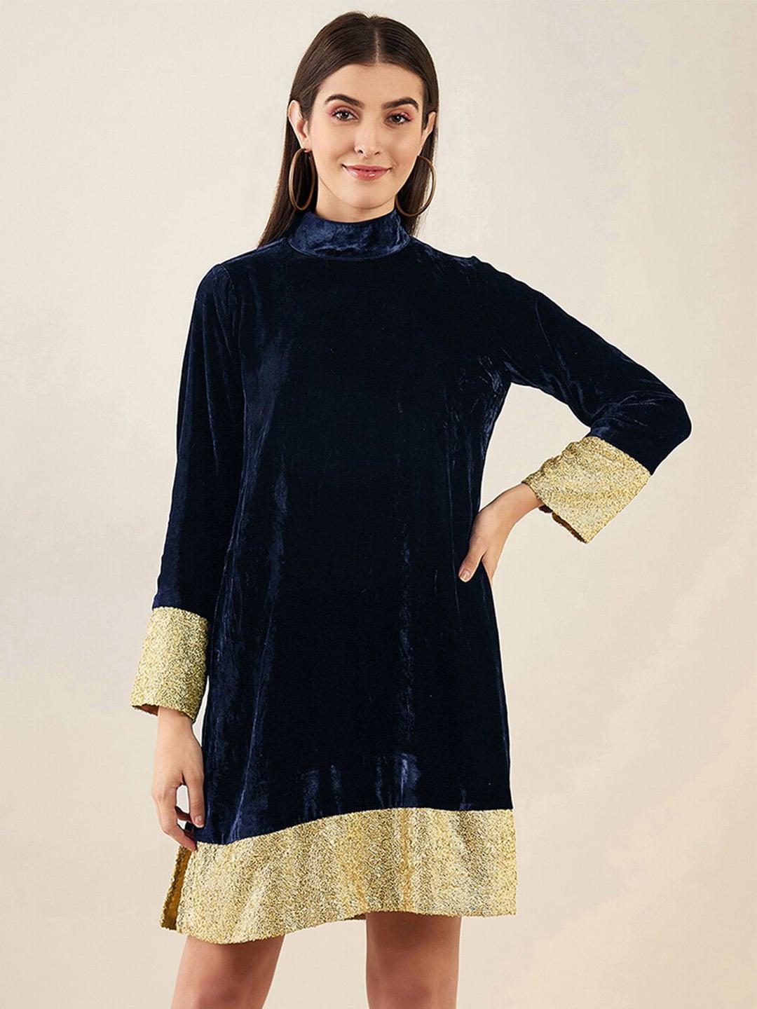 first resort by ramola bachchan blue & gold-toned velvet sheath dress