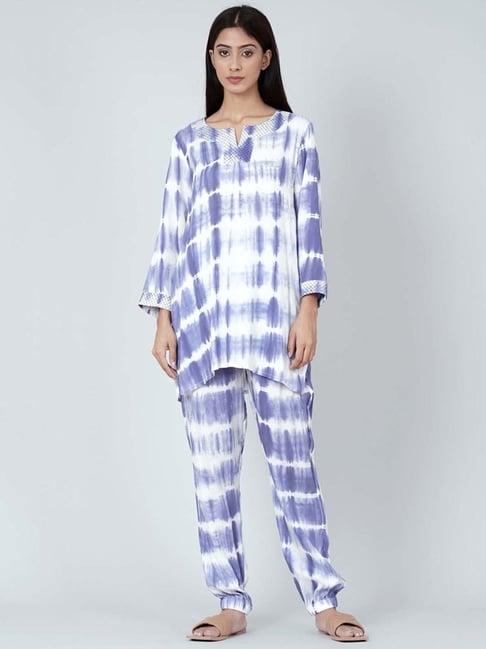 first resort by ramola bachchan blue and white tie-dye lounge set