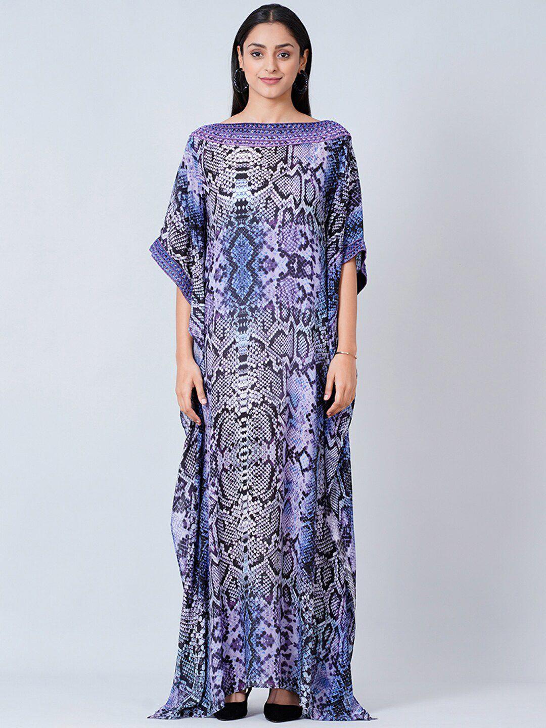 first resort by ramola bachchan blue ethnic motifs print slit sleeve crepe kaftan maxi dress