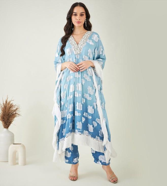 first resort by ramola bachchan blue ombre lurex mid length kaftan with fringe detail and pants