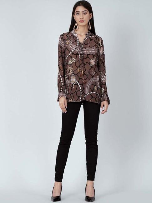 first resort by ramola bachchan brown jewel print lace-up top