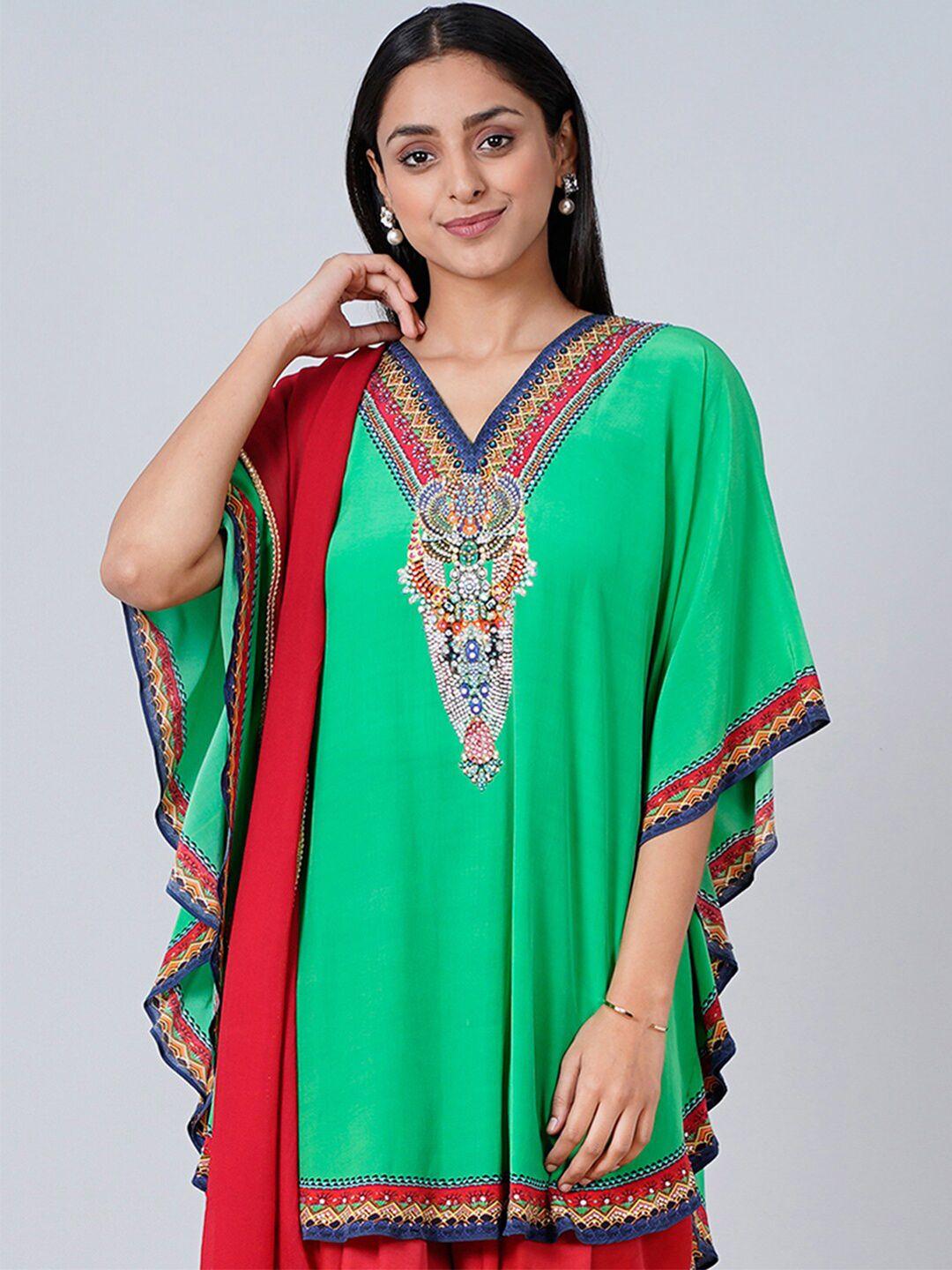 first-resort-by-ramola-bachchan-green-&-red-printed-embellished-tunic
