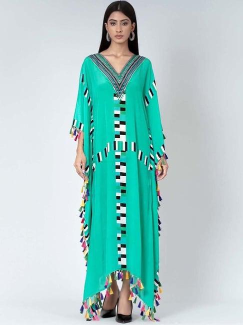 first resort by ramola bachchan green geometric mid length kaftan with lace