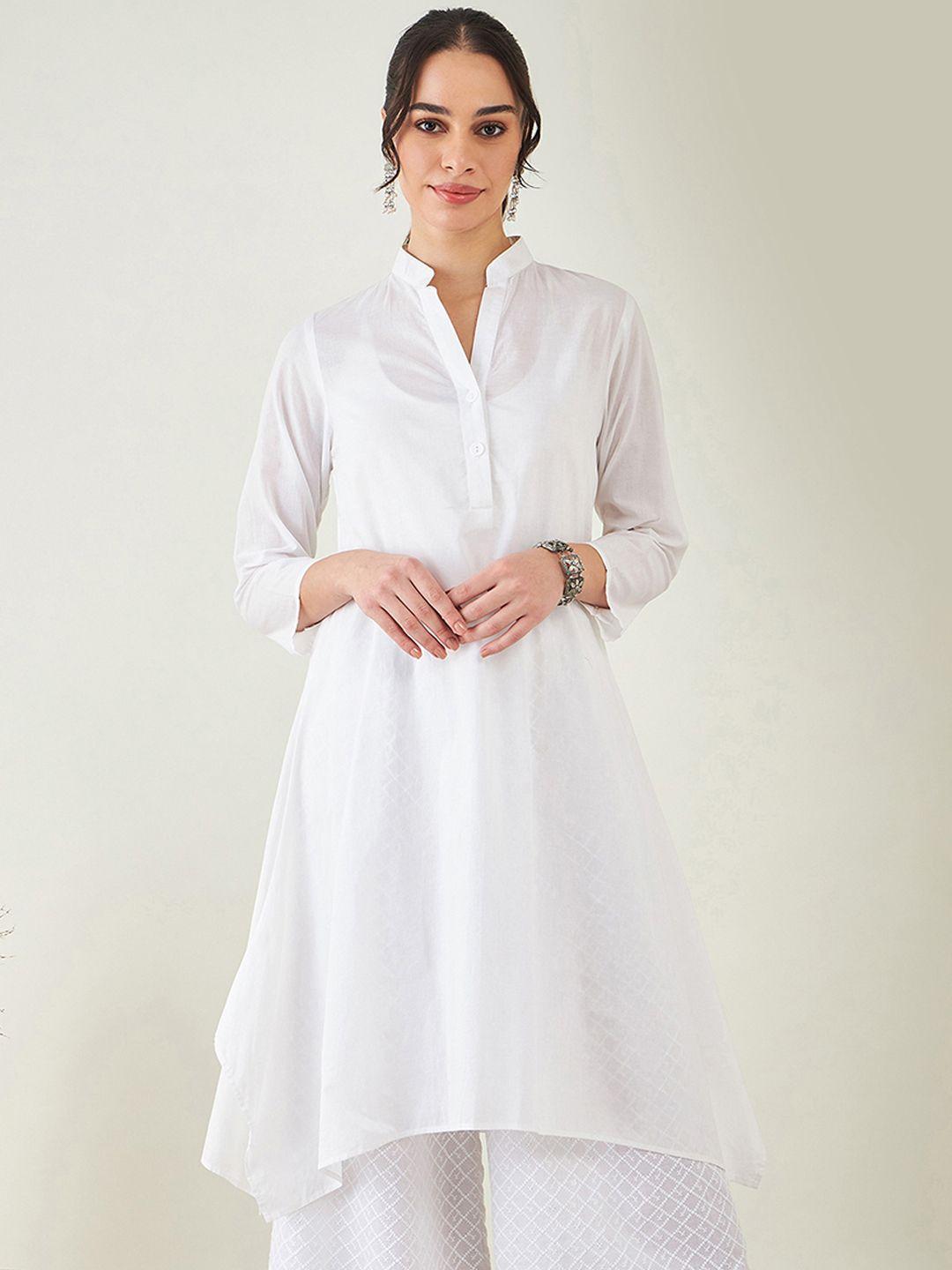 first resort by ramola bachchan mandarin collar asymmetric white romance a-line kurta