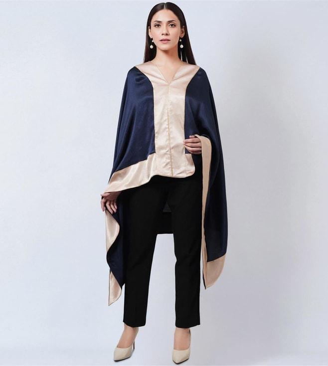 first resort by ramola bachchan midnight blue satin asymmetrical tunic with gold border
