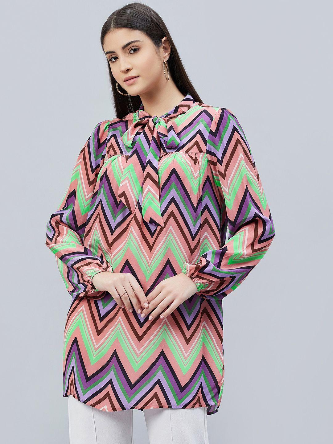 first resort by ramola bachchan peach-coloured & mauve geometric print tie-up neck crepe top