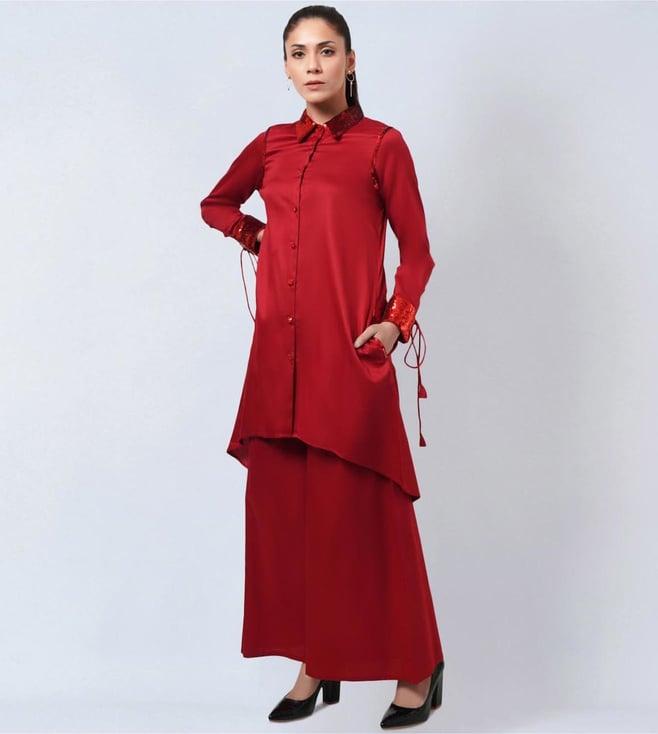 first resort by ramola bachchan red sequinned shirt dress with wide leg pants