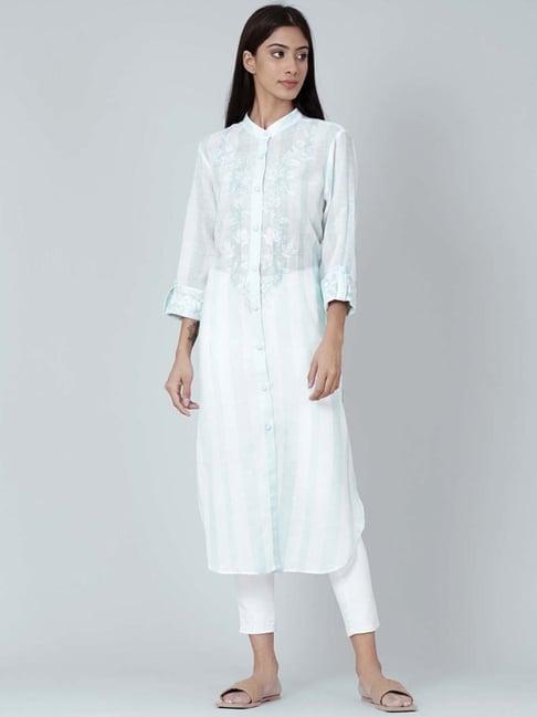 first resort by ramola bachchan white & green embroidered shirt style kurti