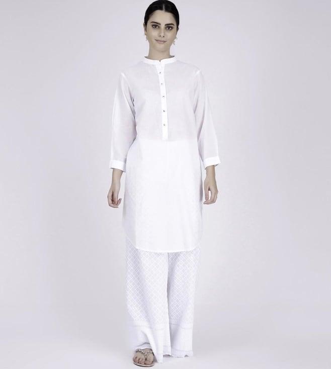 first resort by ramola bachchan white nehru collar kurta and embroidered pants set