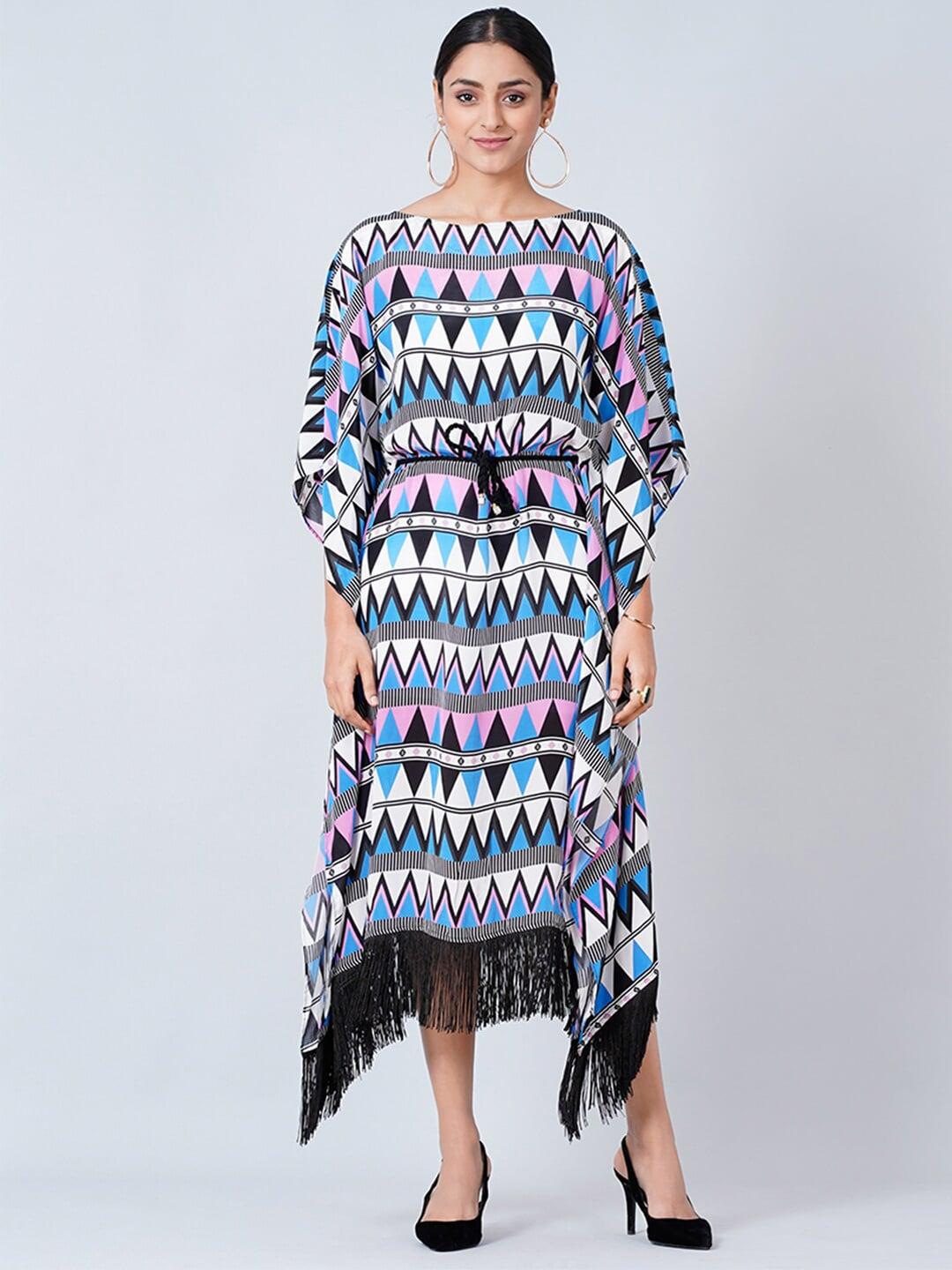 first resort by ramola bachchan women blue & black geometric printed kaftan midi dress