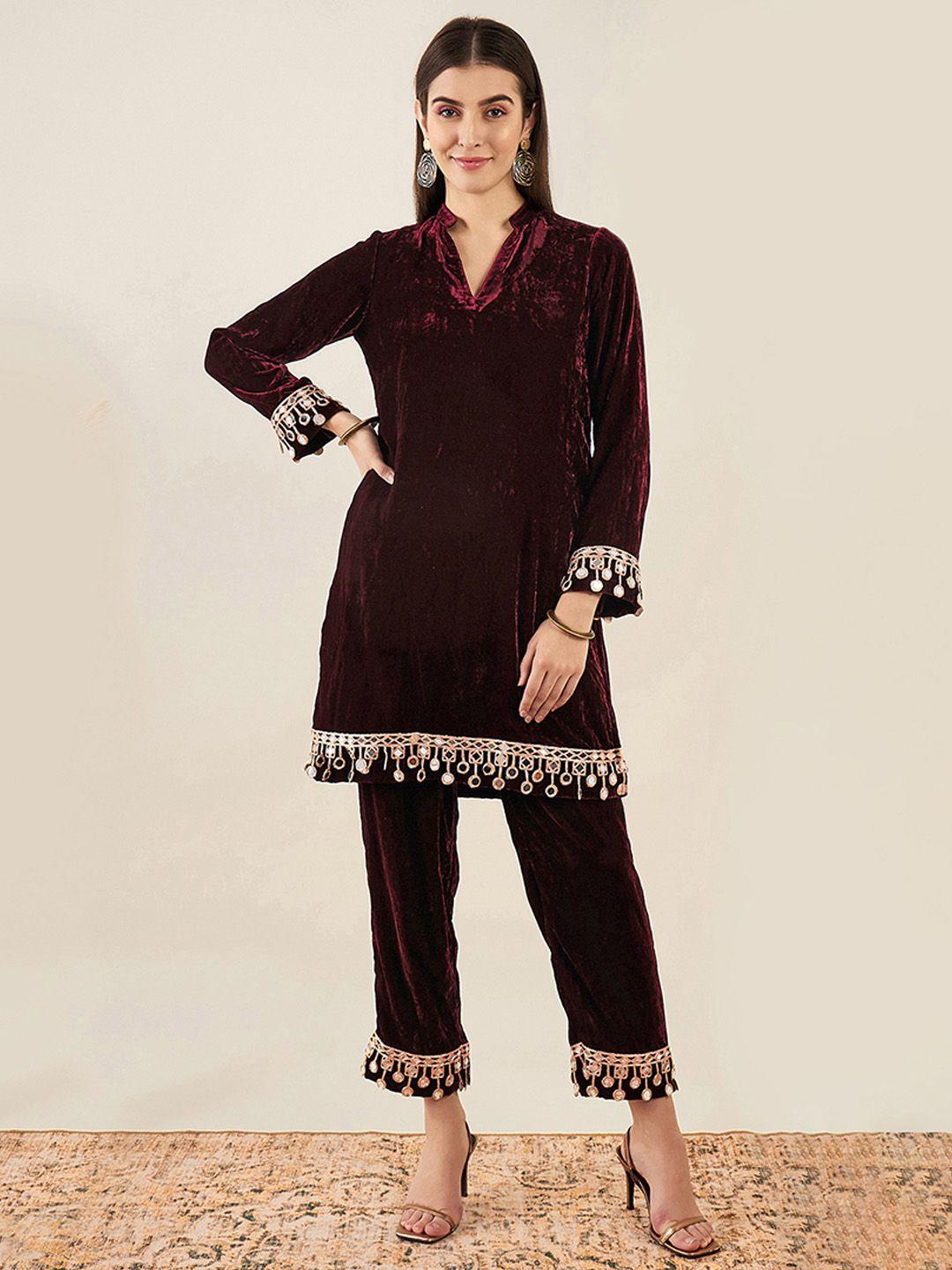 first resort by ramola bachchan women embroidered mirror work velvet kurta with trousers