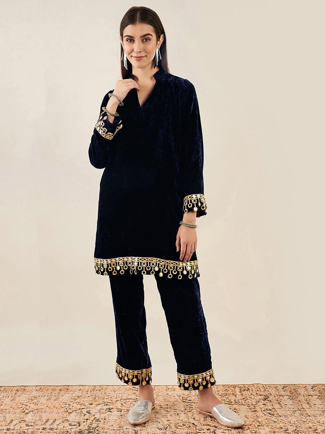 first resort by ramola bachchan women embroidered mirror work velvet kurta with trousers