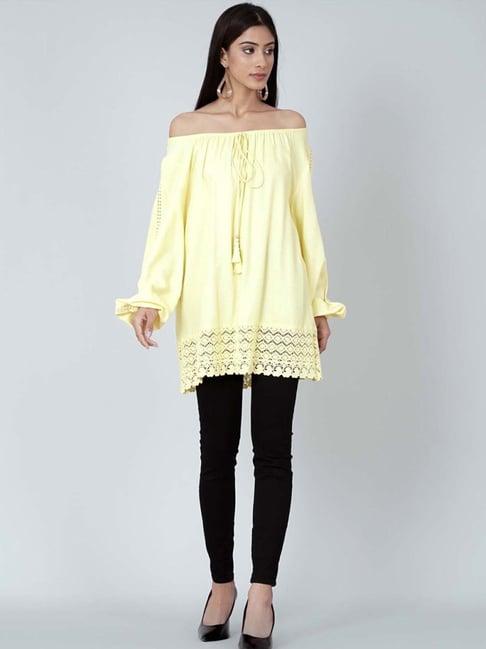first resort by ramola bachchan yellow lace peasant top