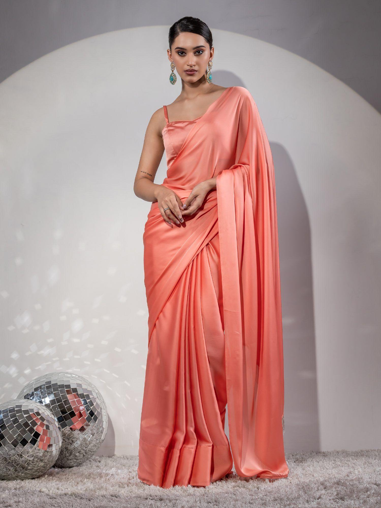 first date peach satin saree with beads and unstitched blouse fabric