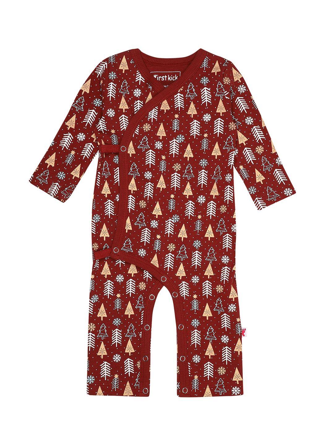 first kick infant kids maroon & white printed organic cotton rompers