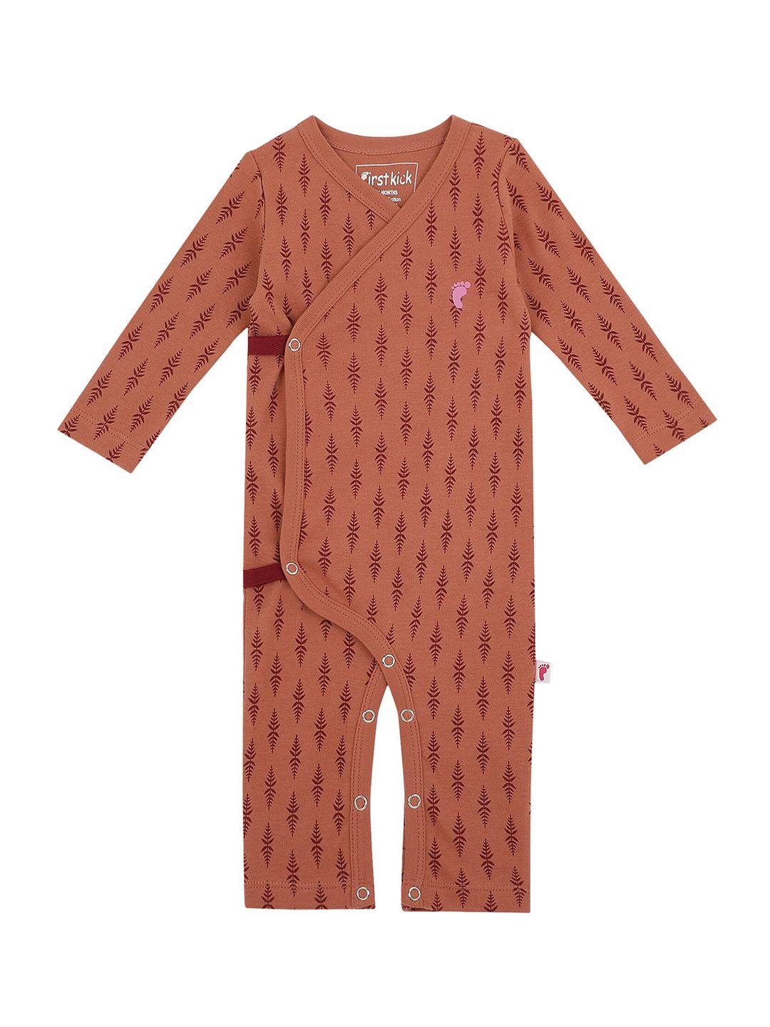 first kick infant kids rust-orange printed cotton kimono rompers
