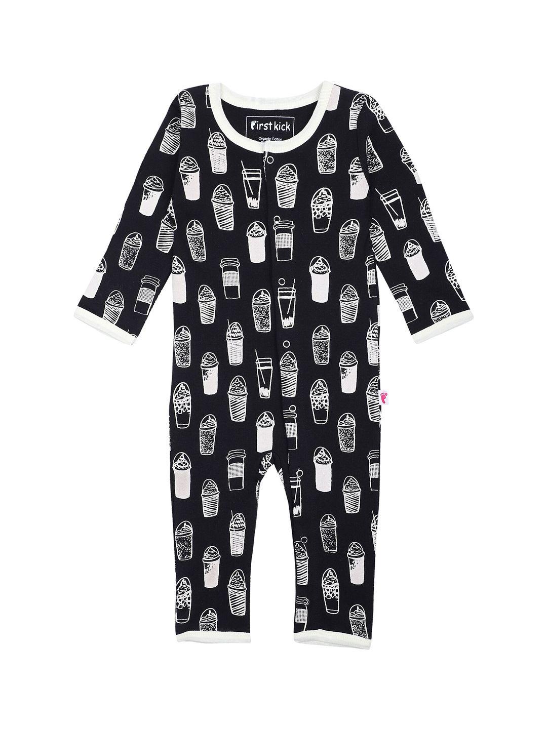 first kick infants black & white printed organic cotton rompers