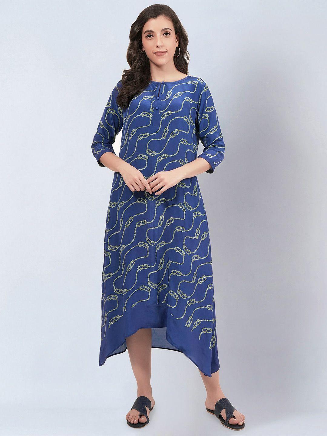first resort by ramola bachchan abstract printed tie-up neck high-low a-line dress