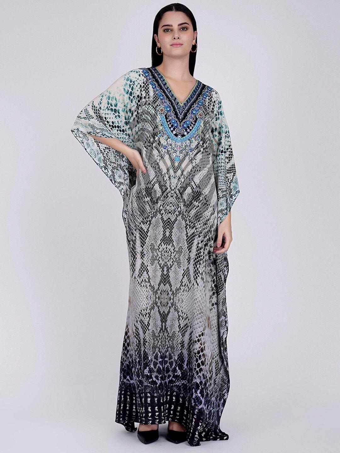 first resort by ramola bachchan animal printed v-neck silk kaftan maxi dress