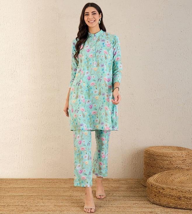 first resort by ramola bachchan aquamarine floral print schiffli co-ordinate set