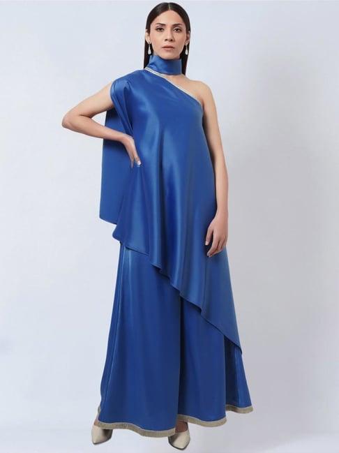 first resort by ramola bachchan azure blue one-shoulder asymmetric tunic with wide leg pants