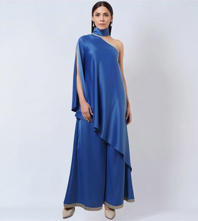 first resort by ramola bachchan azure blue one-shoulder asymmetric tunic