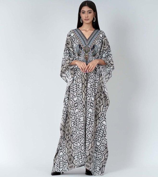 first resort by ramola bachchan beige animal print embellished silk full length kaftan