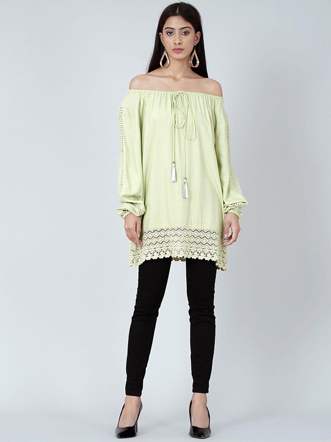 first resort by ramola bachchan bishop sleeves longline bardot top