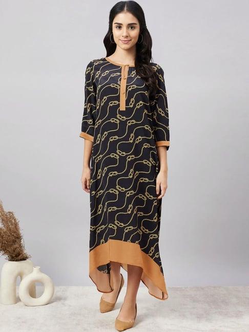 first resort by ramola bachchan black & brown nautical print midi kaftan dress