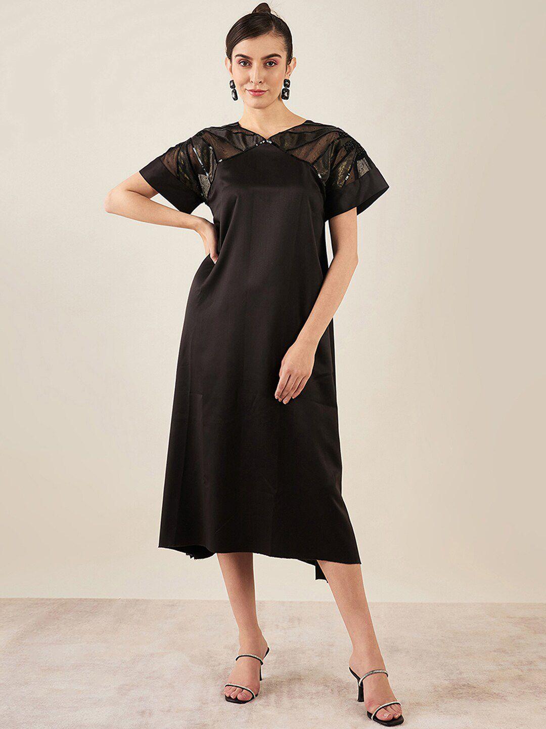 first resort by ramola bachchan black & gunmetal-toned embellished embroidered slit sleeve satin fit & flare dress