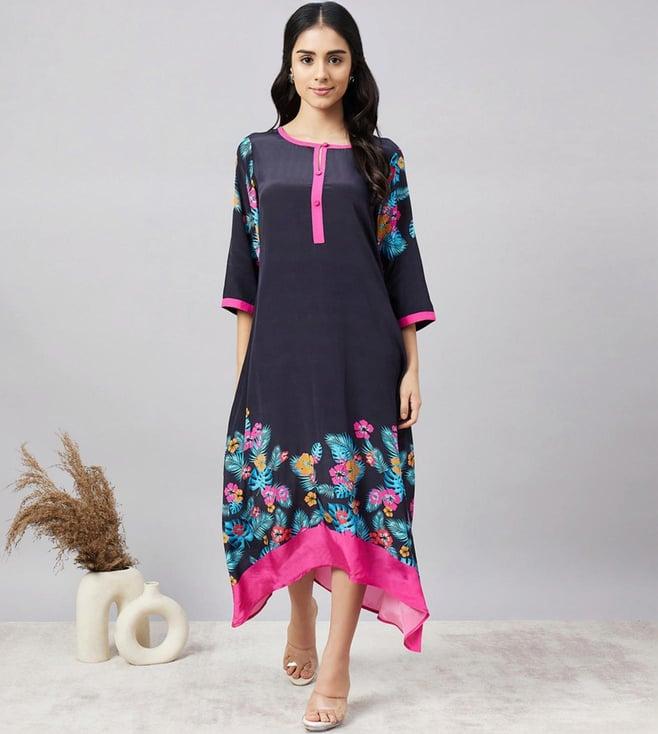 first resort by ramola bachchan black & pink floral printed slimline kaftan dress