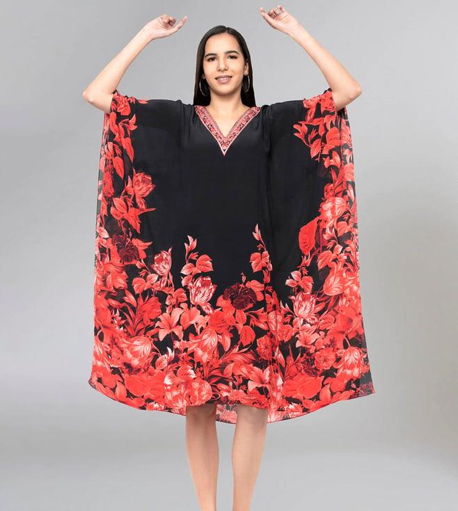 first resort by ramola bachchan black & red floral mid length kaftan