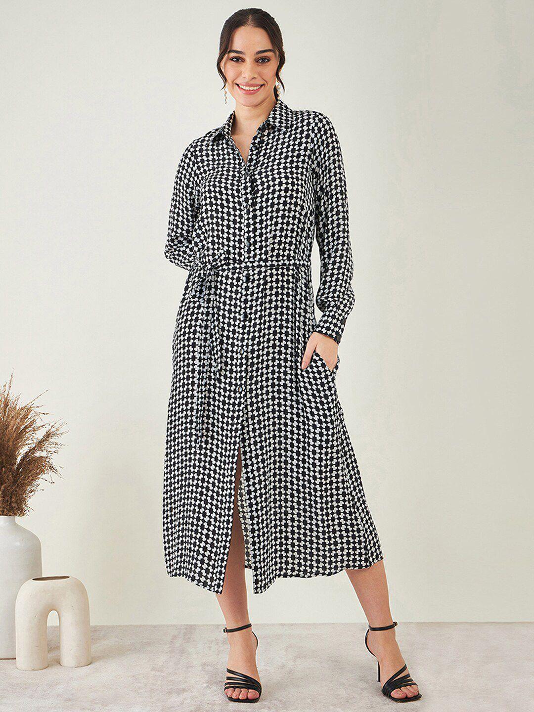 first resort by ramola bachchan black & white print crepe shirt midi dress