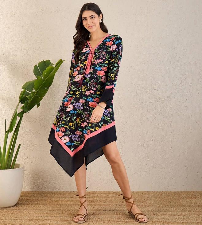 first resort by ramola bachchan black and coral flower printed a-lined tunic dress