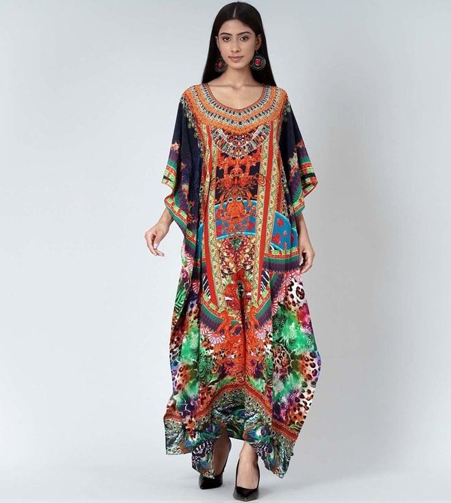 first resort by ramola bachchan black and orange embellished silk full length kaftan