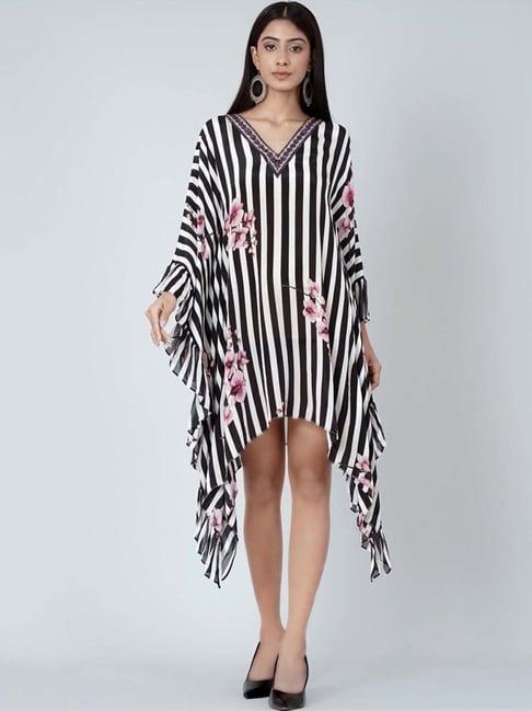 first resort by ramola bachchan black and white embellished floral frill kaftan tunic