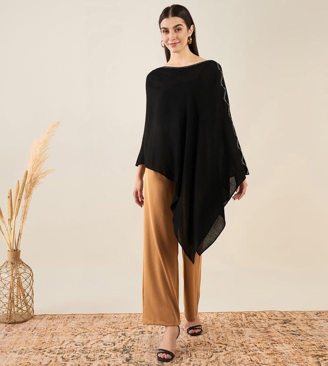 first resort by ramola bachchan black asymmetrical embellished cashmere poncho