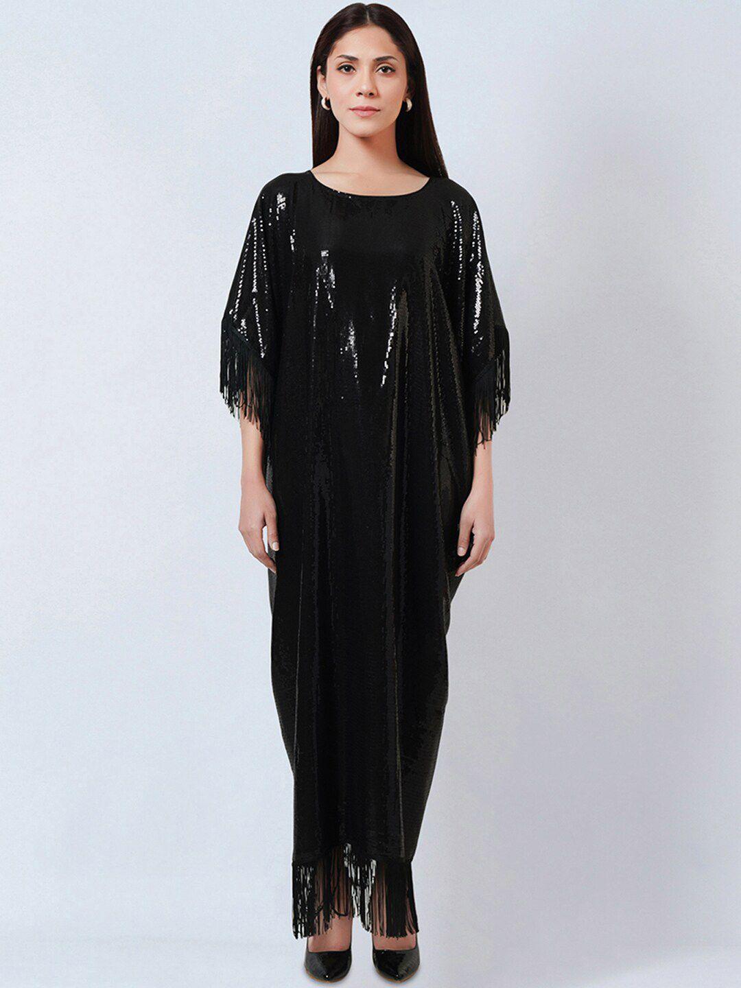 first resort by ramola bachchan black embellished cape sleeve georgette maxi dress