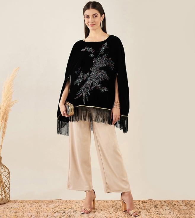 first resort by ramola bachchan black embroidered velvet poncho