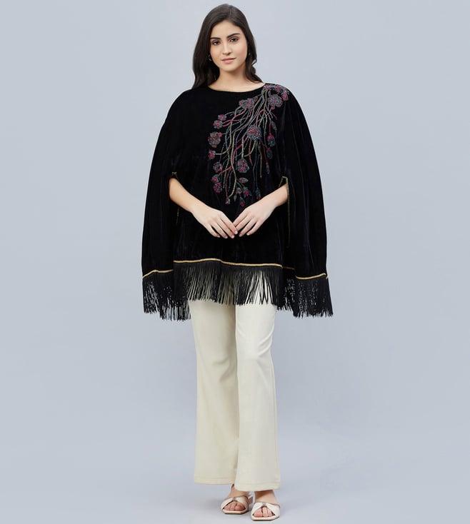 first resort by ramola bachchan black floral sequinned velvet poncho